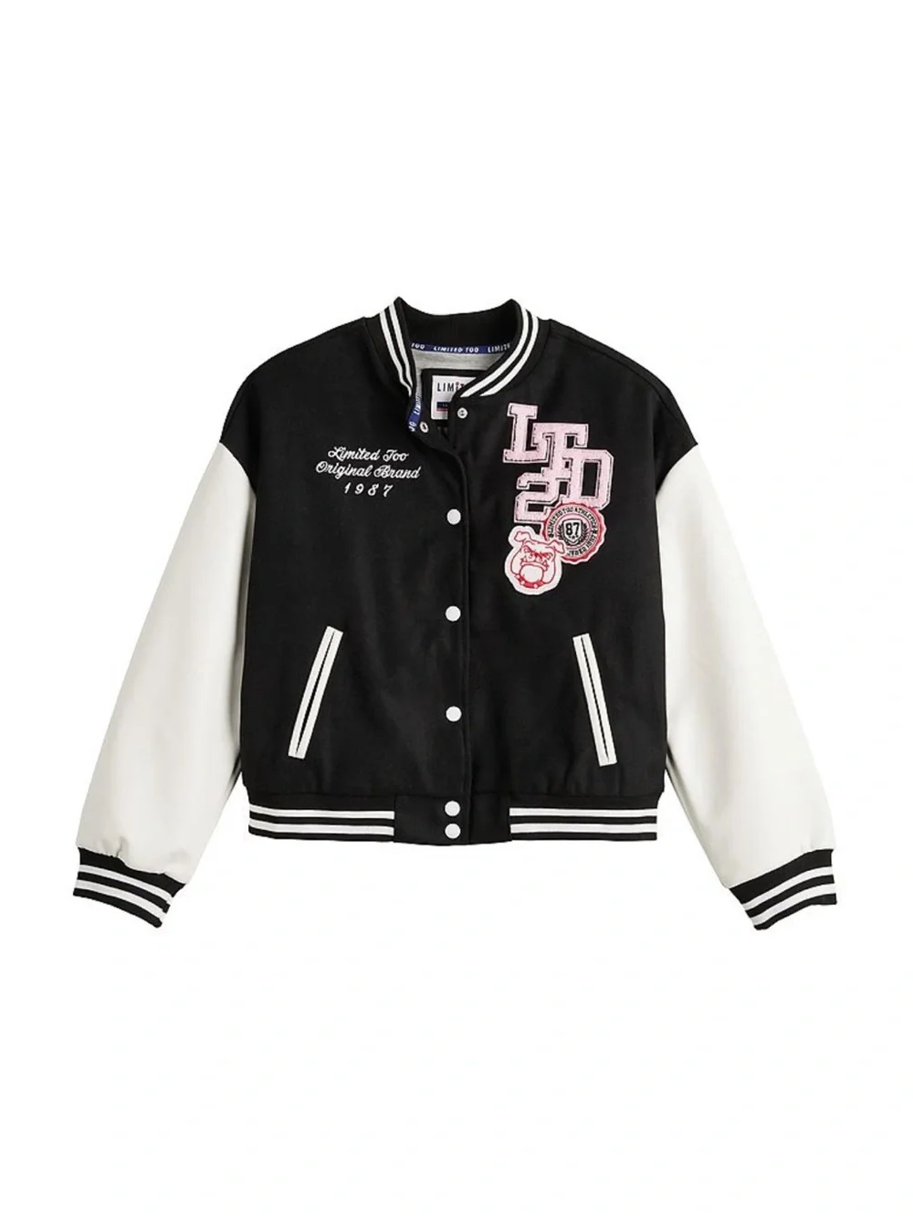 Limited Too Black & White Varsity Jacket with Pink Accents Size 12/14
